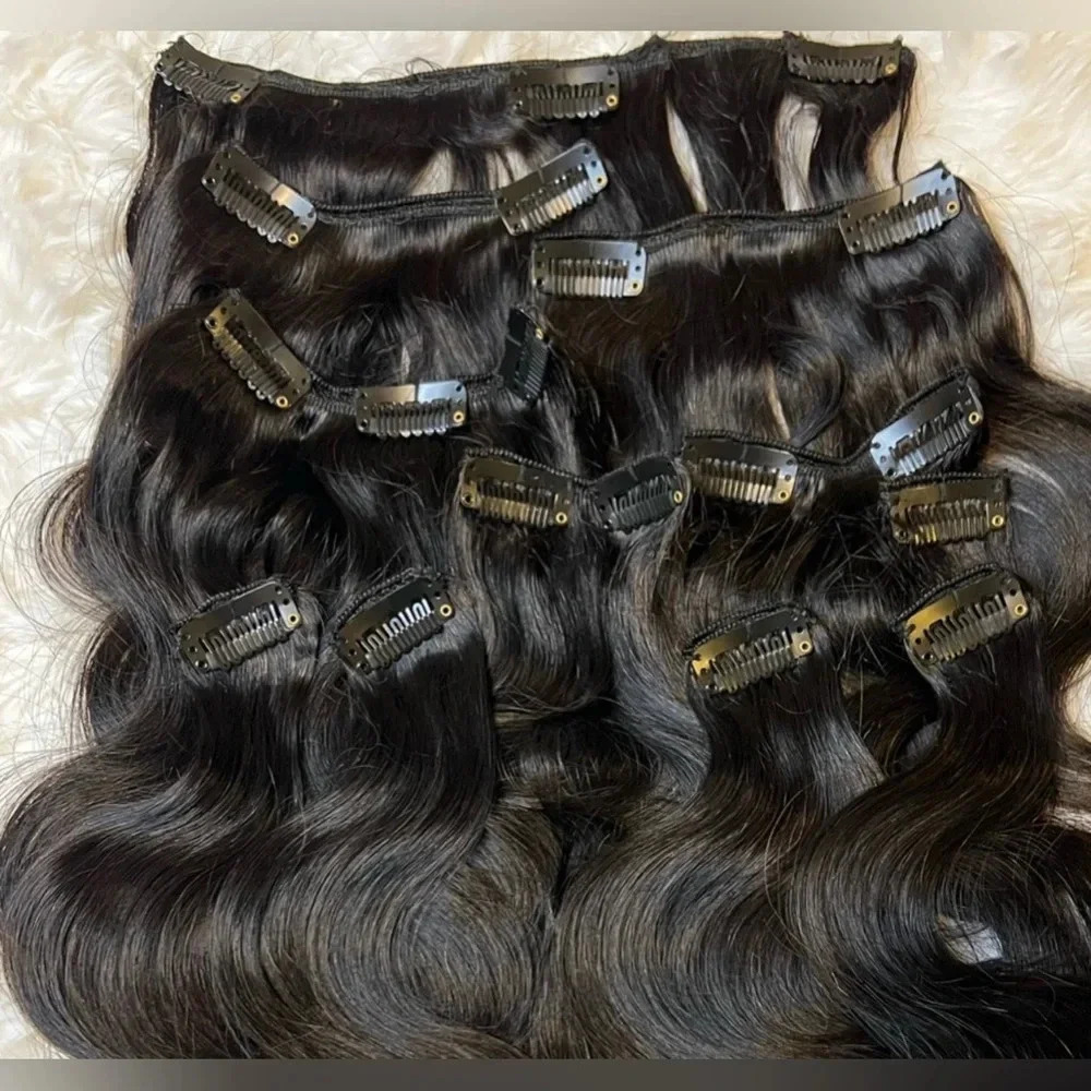 18 In Clip in Human Hair Extensions Clip in Human Hair Ombre Black to Wine Red - Picture 5 of 5